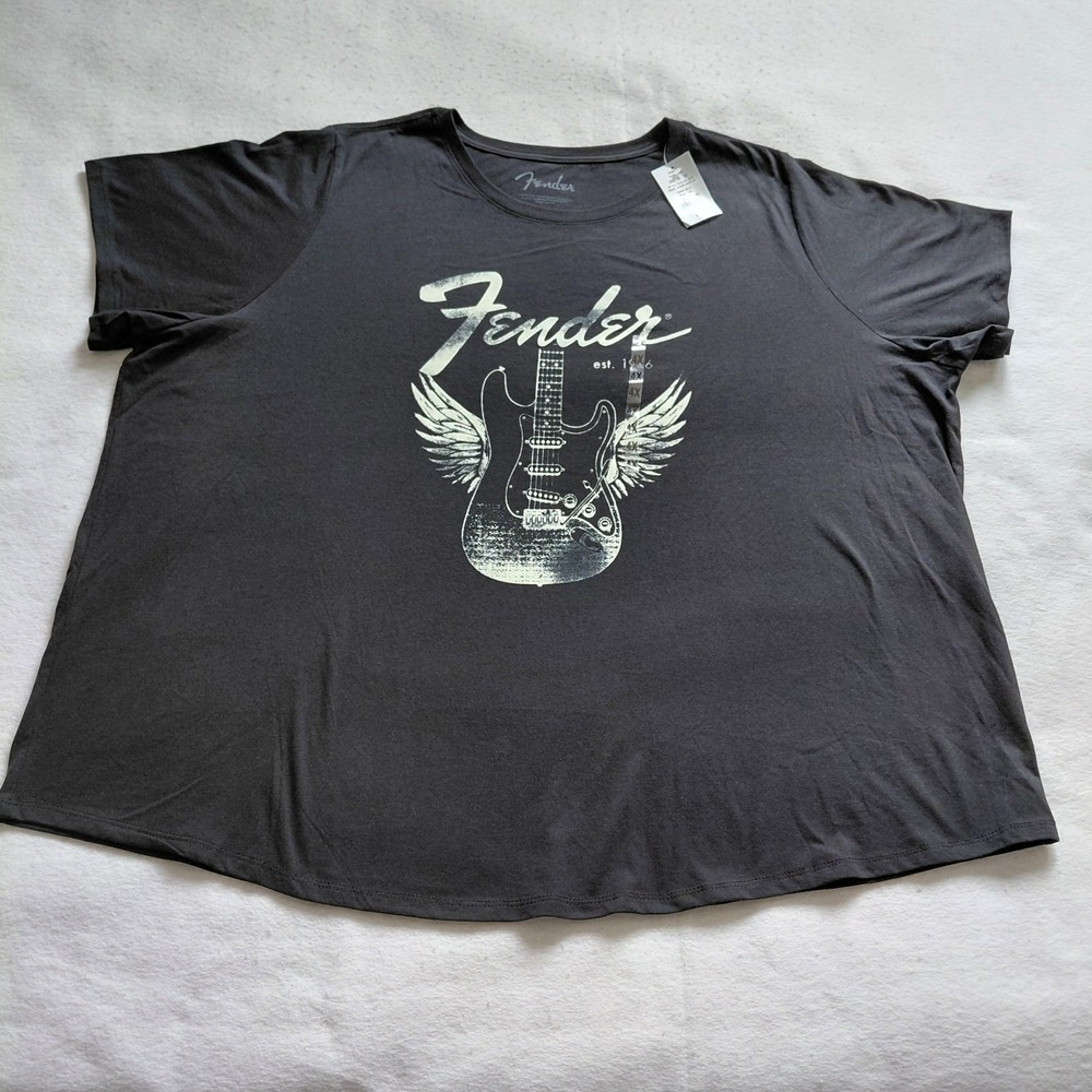 Fender Graphic Shirt Womens Plus 4X Black Guitar Winged Rock Band Music Tee NWT